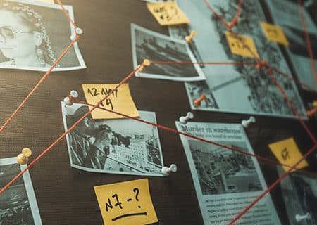 Investigation board with photographs, notes, and connecting lines